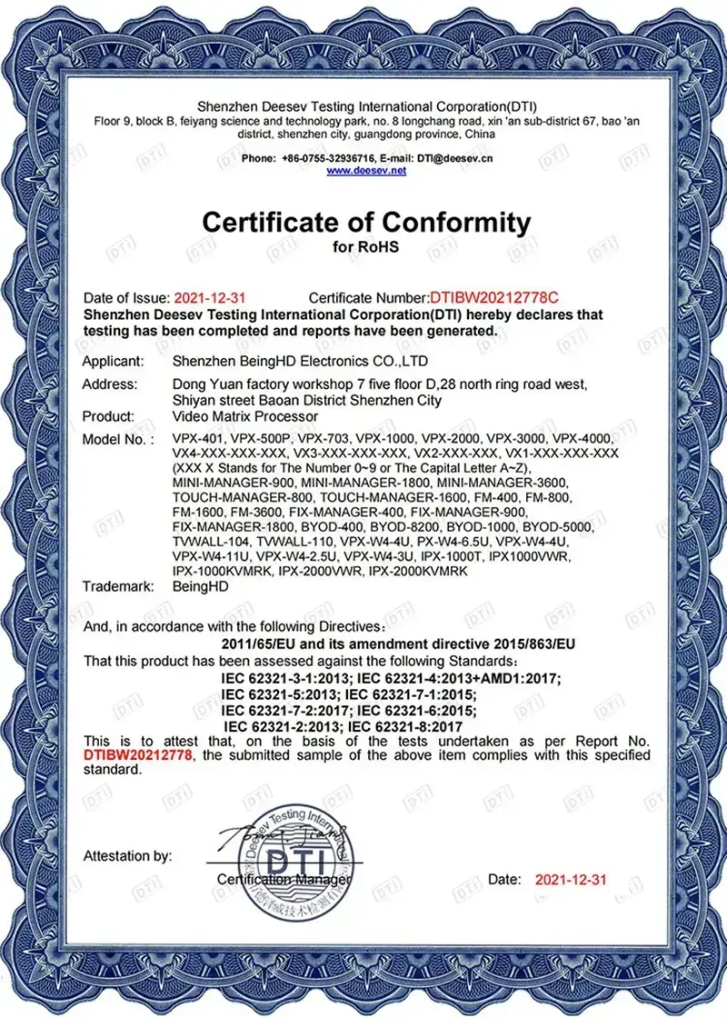 BeingHD RoHS 2021 Certification